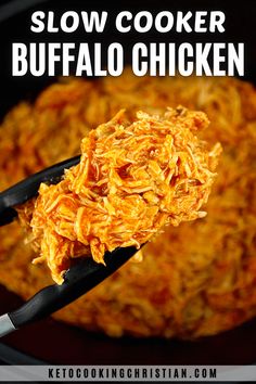 slow cooker buffalo chicken in a skillet with text overlay that reads slow cooker buffalo chicken