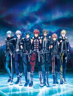 anime characters standing in front of an ice rink with the sky and stars behind them