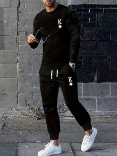 2pcs Men's Printed Casual Long Sleeve T-Shirt & Drawstring Pants Set, Spring Autumn Black Casual    Colorblock,Letter  Medium Stretch All Men Clothing, size features are:Bust: ,Length: ,Sleeve Length: Drawstring Waist Pants, Casual Sweatpants, Long Sleeve And Shorts, Street Trends, Sweatpants Set, Co Ords, Horse Print, Men T Shirt, Mens Spring