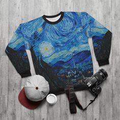 Starry Night on a cool black sweatshirt. -86% Polyester  -14% Cotton -Crew neck -Classic Fit -Custom cut and sewn  -White thread color Pajamas Comfy, Black Sweatshirt, Shop Owner, Dress Purchase, Night Shirt, Black Tights, Classic Art, Make You Feel, Unisex Sweatshirt