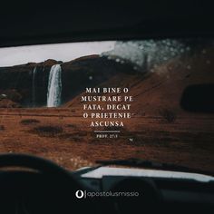 the view from inside a car looking at a waterfall and mountains with a bible verse written on it