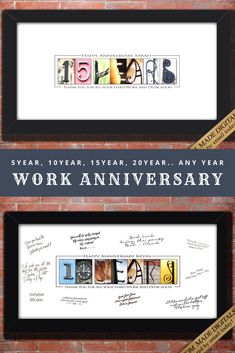 two framed photos with the words work anniversary written in different font and numbers on them