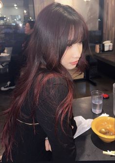 Burn Red Hair, Cool Red Tones For Hair, Red Hair For Asian Women, Cherry Red Asian Hair, Asian Red Hair Balayage, Cherry Red And Black Hair, Wavy Dark Red Hair, Asian Hair Dye Ideas