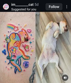 a dog laying on the ground next to a tattoo