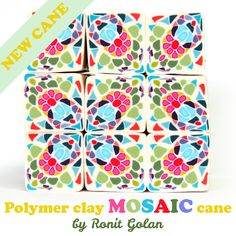 four colorful tiles with flowers on them and the words polymer clay mosaic cane written below