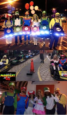 some people are dressed up as mario kart and luigi kart in this collage