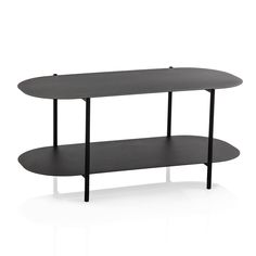 a black table with two shelves on each side