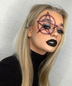 Demon Sfx Makeup, Demon Make Up Halloween, Bad Witch Makeup, Coven Makeup, Evil Halloween Makeup, Pentagram Makeup, Halloween Makeup Leicht, Demon Make Up, Demon Makeup Female