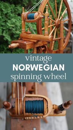 top image shows a norwegian style spinning wheel with the flyer in the foreground. Bottom image shows the flyer assembly with teal yarn on the bobbin from above. Middle teal text box reads vintage norwegian spinning wheel in white text. Spinning Yarn Wheel, Wool Spinning, Yarn Spinner, Thick Yarn, Stitch Art