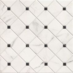 a white marble tile with black squares on the bottom and one square in the middle