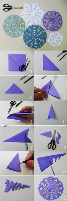 step by step instructions to make an origami snowflake with scissors and paper