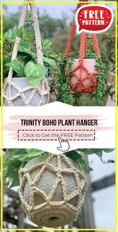 three different types of plant hangers with text overlay that reads, trinity boho plant hanger