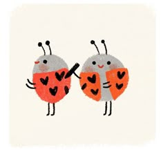 two little ladybugs with hearts on their backs are standing next to each other