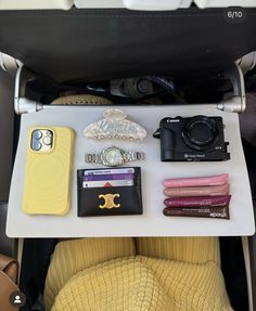 the contents of a purse are neatly organized and ready to be carried on an airplane