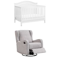 a white rocking chair next to a baby crib with a gray recliner in it