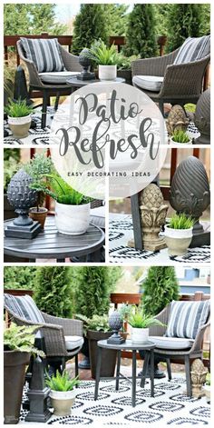 some chairs and tables with potted plants on them in the middle of a patio