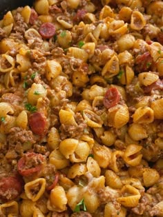 pasta with meat and cheese in a skillet ready to be eaten or served for lunch