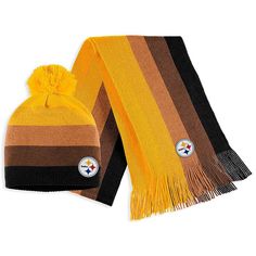 Get warm in Pittsburgh Steelers style with this knit hat and scarf set from WEAR by Erin Andrews. It features embroidered team graphics over a sleek ombre pattern. Whether going to the stadium or enjoying a cold day outdoors, step out in Pittsburgh Steelers style with this set.Get warm in Pittsburgh Steelers style with this knit hat and scarf set from WEAR by Erin Andrews. It features embroidered team graphics over a sleek ombre pattern. Whether going to the stadium or enjoying a cold day outdoo Knit Hat And Scarf, Andrew Gold, Pittsburgh Steelers Hats, Ombre Pattern, Hat And Scarf Set, Erin Andrews, Scarf Material, Hat And Scarf Sets, Hat And Scarf