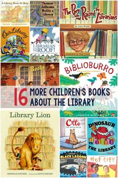 children's books about the library are featured in this collage with different pictures