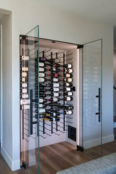 a wine rack in the corner of a room