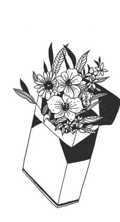 a black and white drawing of flowers in a box