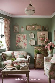 a living room filled with lots of furniture and flowers on the wall next to a window