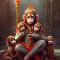 a monkey with three monkeys sitting on top of it's lap and holding onto the arm of another monkey