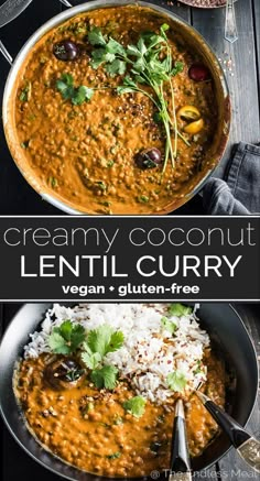 creamy coconut lentil curry in a pan with rice and cilantro