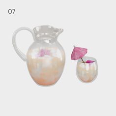 two vases with pink flowers in them on a white background, one is empty