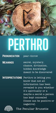 the poem perthro is written in front of a wooden plaque with an arrow on it