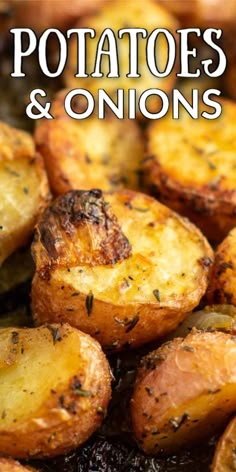 potatoes and onions cooking in a pan with the title overlay that reads, potatoes and onions