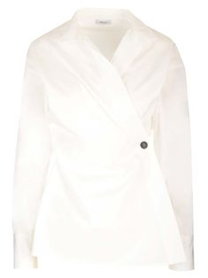 Shirt from Ferragamo in white poplin, with asymmetric 1-button closure, small collar, dropped shoulder, buttoned cuffs. Modern White Blouse With Fold Down Collar, White Lapel Collar Blouse For Work, White Blouse With Lapel Collar For Work, Chic Asymmetrical Office Shirt, Chic Asymmetrical Shirt For Office, Elegant Office Blouse With Asymmetrical Hem, Chic White Shirt With Lapel Collar, White Asymmetrical Top For Formal Occasions, White Blouse With Hidden Button Closure For Work