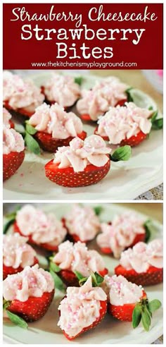 strawberry cheesecake strawberries on a white plate with green leaves and red berries in the background