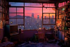 a room filled with lots of clutter next to a large window overlooking a city