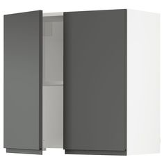 a white and grey cabinet with doors open