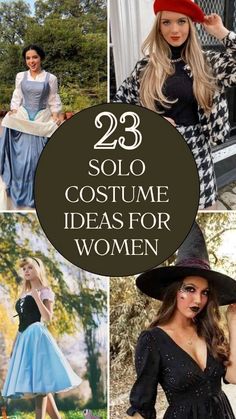 women wearing costumes and hats with text overlay that reads 23 solo costume ideas for women