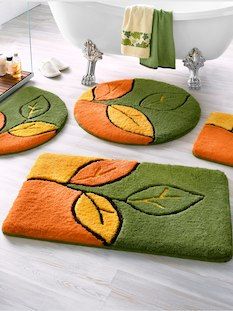 bathroom rugs with flower designs on them in green and orange colors, set of four