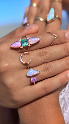 Lavender Sapphire and Fiery Rainbow Lavender Opal Toi Et Moi Open Shank Ring in Rose Gold My newest Toi et Moi Open Shank Opal Ring is made with the most incredible Periwinkle opal full of intense rainbow fire and paired with a gorgeous shade of lavender sapphire! Set in solid sultry 14k rose gold This piece gives me the feels of rainbows in a passing storm. A kundalini activation talisman that connects with the third eye chakra for super powered divine intuition, and instinct. A reminder of the Opal Sapphire Ring, Iridescent Ring, Divine Intuition, Kundalini Activation, Opal And Sapphire Ring, Lavender Sapphire, Alchemy Jewelry, Lavender Opal, Rainbow Fire