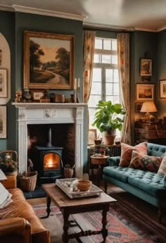 a living room filled with furniture and a fire place in front of a painting on the wall