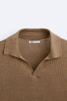 LINEN - VISCOSE KNIT POLO SHIRT - taupe brown | ZARA United States Classic V-neck Top With Ribbed Collar, Casual V-neck Polo Shirt With Ribbed Collar, Spring Collared Fine Knit Polo Sweater, Casual Brown Top With Johnny Collar, Spring Fine Knit Collared Polo Sweater, Casual Brown Johnny Collar Top, Summer Ribbed Polo Collar Top, Summer V-neck Tops With Ribbed Collar, Classic Brown Top With Collared Neckline