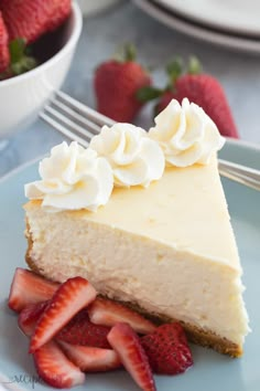 a slice of cheesecake with whipped cream and strawberries