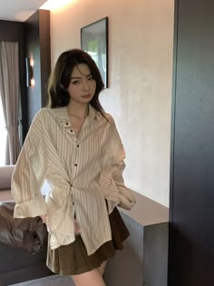 Women Striped Shirt, Korean Clothing Brands, Vintage Striped Shirt, Soft Outfits, Striped Shirt Women, Shirt Korean, Fall Outfits Y2k, Ladies Blouse, Loose Long Sleeve