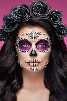 Sugar Skull Makeup With Gems, Skull Face Jewels, Katrina Makeup La Catrina, Skeleton Makeup With Gems, Glam Sugar Skull Makeup, Skull Makeup With Jewels, Sugar Skull Makeup Easy Simple, Butterfly Skull Makeup, Purple Sugar Skull Makeup