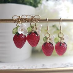 Strawberry Earrings Glass Red Strawberry Drop Earrings Food - Etsy Cheap Pink Fruit Design Earrings, Cute Red Earrings With Fruit Design, Cute Red Strawberry Print Earrings, Sweet Red Drop Earrings, Strawberry Drop, Earrings Food, Strawberry Earrings, Fruit Jewelry, Food Earrings