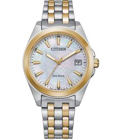 From Citizen&#x2C; the Women's Peyton Three Hand Two Tone Stainless Steel Bracelet Watch features:Two tone stainless steel case and braceletSapphire crystal mother of pearl dialFold over clasp with push buttonsThree hand movementApprox. 33mm case size Water Resistant: 10 ATMImported. Eco Drive Watches, Citizen Watch, Citizen Eco, Eco Drive, Band Bracelet, Two Tone Watch, Steel Bracelet, Go Out, Watch Brands