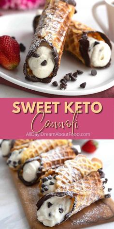 sweet keto cauliflower waffles with chocolate and whipped cream on top