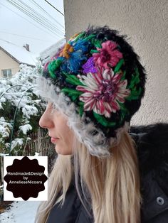 "Soft wool hat, Crocheted  hat with flowers   !!Available is the version with purple on the edge (not the one with white The color of the hat is black mixt rainbow colors. Hat - 56 cm / 22\" The size of the products is universal. The color of the product in the photo may differ from the real one due to the color settings of your monitor. Recommendations for care: gentle hand washing at temperatures up to 30 degrees, drying on a large cup. Thank you for visiting my store  Have a great day!" Bohemian Hat, Crochet Flower Hat, Bohemian Hats, Hat With Flowers, Crocheted Hat, Bonnet Crochet, Embroidered Wool, Chemo Hat, Wool Hat