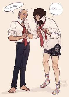 two people standing next to each other with speech bubbles above their heads and one person wearing shorts