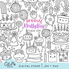 a birthday coloring page with lots of different items