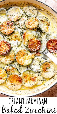 baked zucchini with creamy parmesan sauce in a skillet